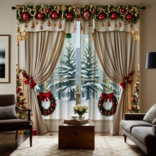2片装高清数码 仿真帷慢窗帘印刷 黄色系欧式奢华圣诞窗帘 家居装