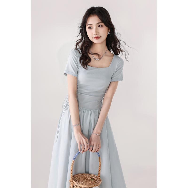 French-Style Gentle Drawstring Slimming Dress for Women, New Summer Model with Square Neck, Waist-Cinching, Suitable for Graduation Ceremony and Vacation Long Dress