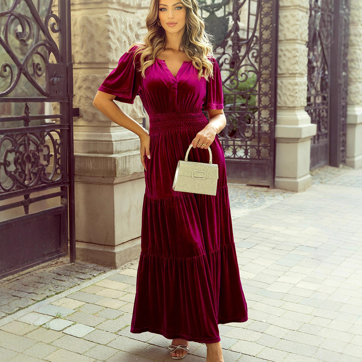 2025年夏季新款纯色丝绒九分长裙女欧美通勤百搭高腰套头连衣裙女