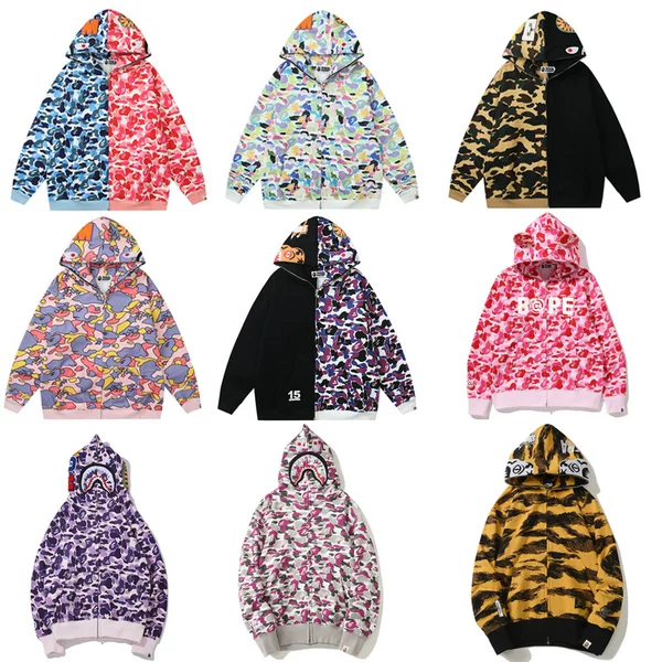 Cross-Border Foreign Trade Wholesale New Shark Camouflage Hooded Cardigan Zipper Terry Plus Velvet Men's and Women's Sweatshirt Jacket Trendy