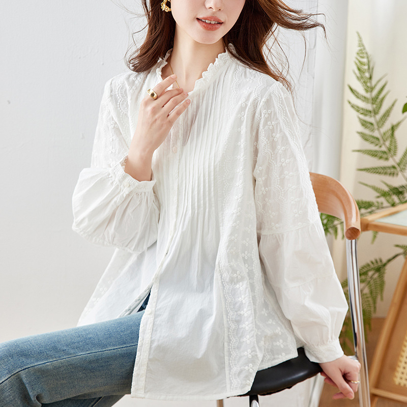[Customized] Embroidered White Long-Sleeve Shirt for Women, 2026 Spring New Design, Pleated Top with Ruffled Collar