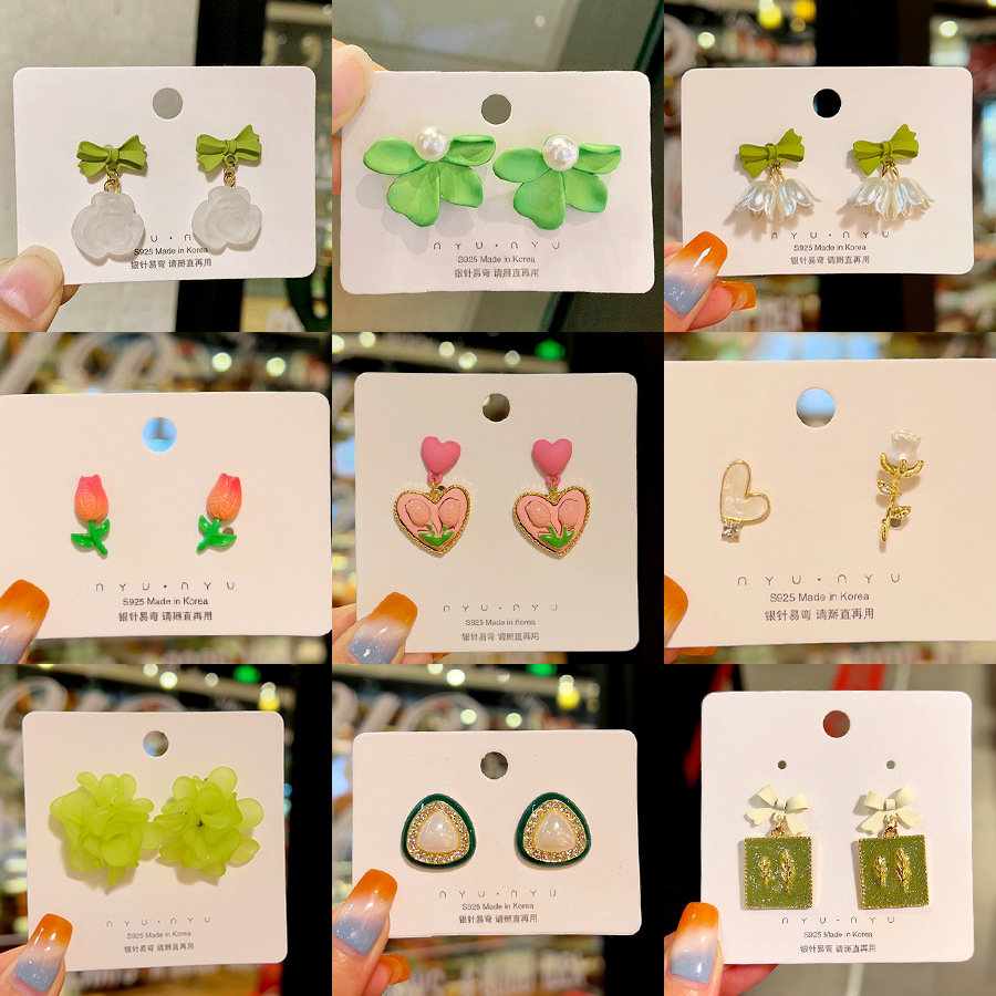 green flower stud earrings linglan tulip pearl earrings female silver needle acrylic all-match earrings wholesale