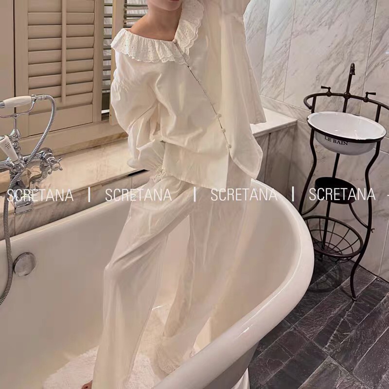 2024 new autumn and winter French cotton retro tea yarn water pure silk pajamas home clothes suit