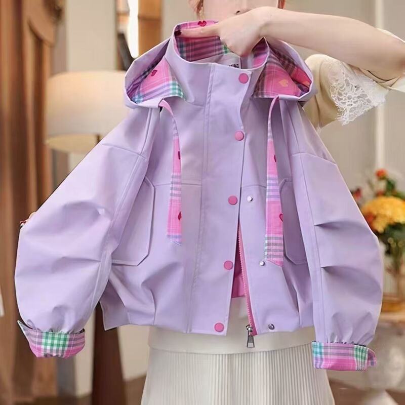 Girls' Jacket Spring and Autumn 2026 New Stylish Fashionable Jacket for Little Girls, Zip-Up Hooded Windbreaker for Older Children