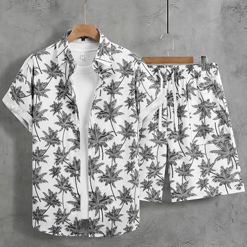 남성 의류 얼음 실크 얇은 꽃 셔츠 반팔 양복 여름 야외 캐주얼 꽃 반바지 비치 정장 남성 휴가 스타일