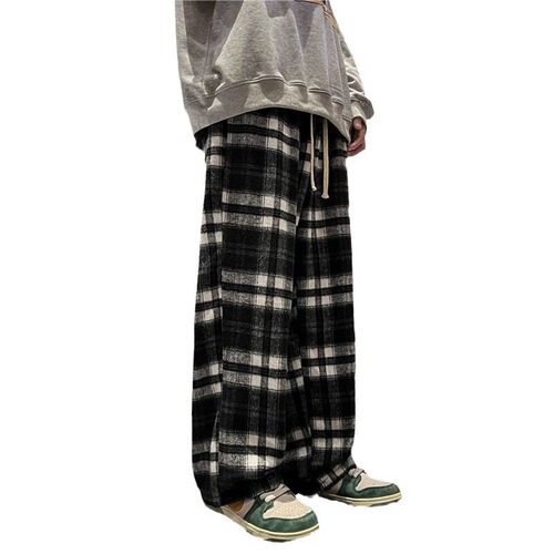 Spring and Autumn Brand Loose Wide-Leg Straight-Tube Pants with Drape, High-End, Versatile, Gritty-Hardcore Men's Woolen Plaid Casual Pants