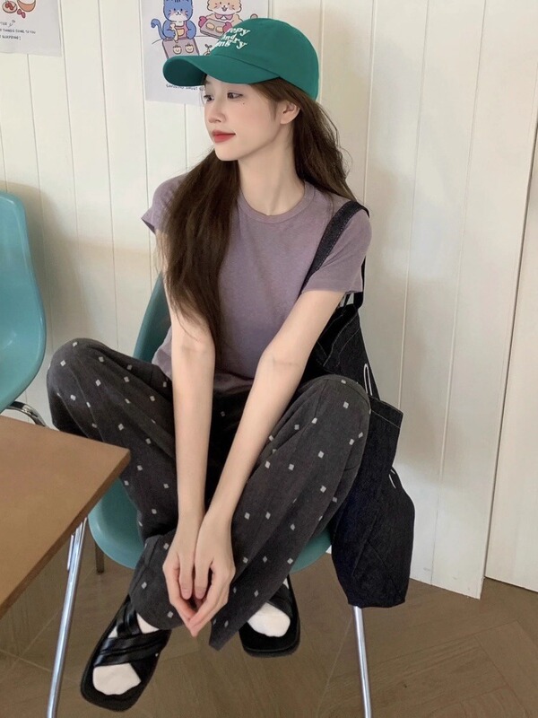 韩系休闲运动套装女新款紫色纯欲正肩短袖上衣垂感长裤两件套夏季|undefined