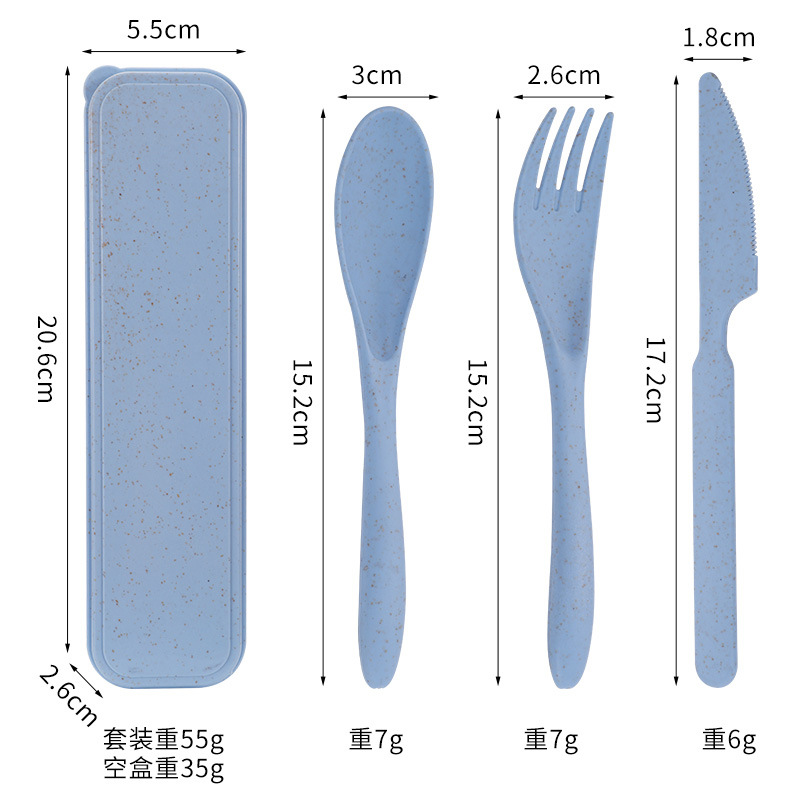 Set de 3 cubiertos de paja de trigo, portátil, para oficina y viajes