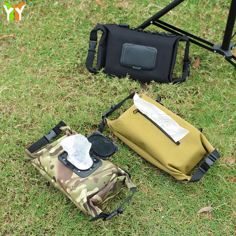 Colgante portátil multiusos hebilla caja de pañuelos en stock al aire libre camping camuflaje multicolor lienzo tejido húmedo caja de pañuelos