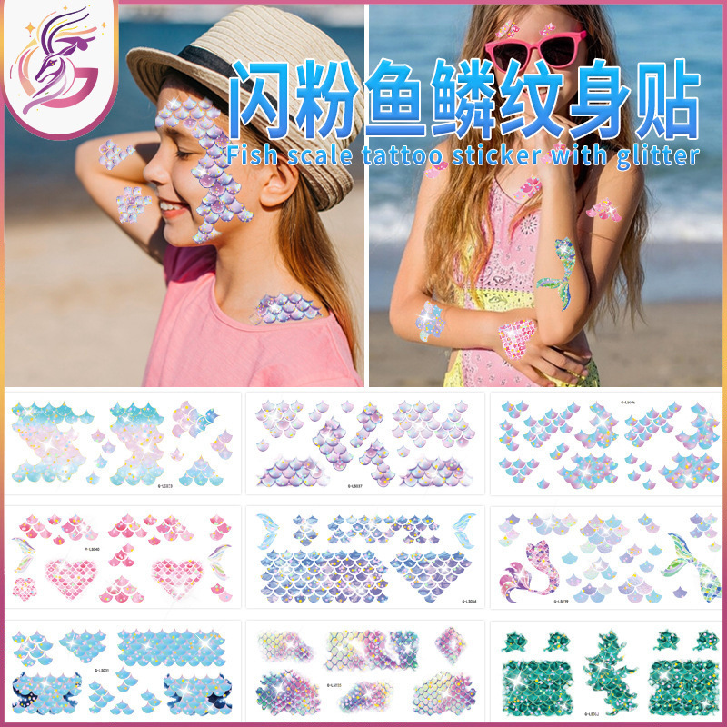 Shining Powder Fish Scales Temporary Tattoo Sticker Children's Summer Beach Pool Party Mermaid Scales Disposable Tattoo Sticker