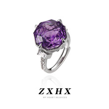 s925纯银镶嵌天然紫水晶切割面几何戒指轻奢精致韩版时尚个性指环