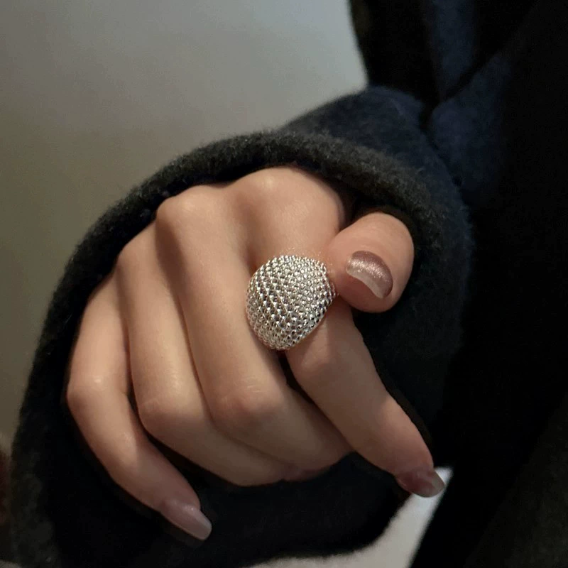 retro fashionable geometric ring hip-hop style, silver 925 sample, on index finger