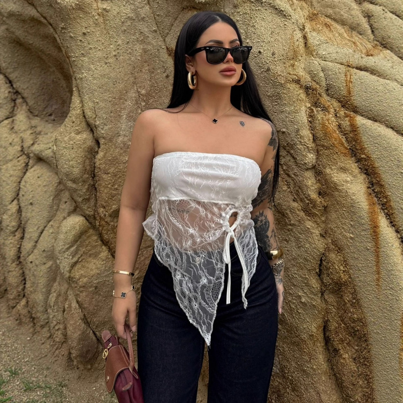 2025 Summer Sexy Lace See-Through Slit Tube Top Women's New European and American Style Top Temperament Irregular T-Shirt Women