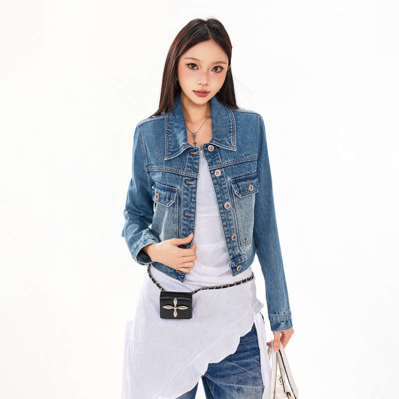26SS | 2026 Washed Distressed American Retro Long-Sleeve Denim Jacket, Spring/Summer, Relaxed Style, Versatile and Comfortable