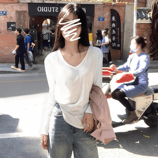 Autumn New Style Lazy V-Neck Fashion Pure Lust Style Long-Sleeved Slim Pure White Top Right Shoulder Versatile Bottoming Shirt for Women