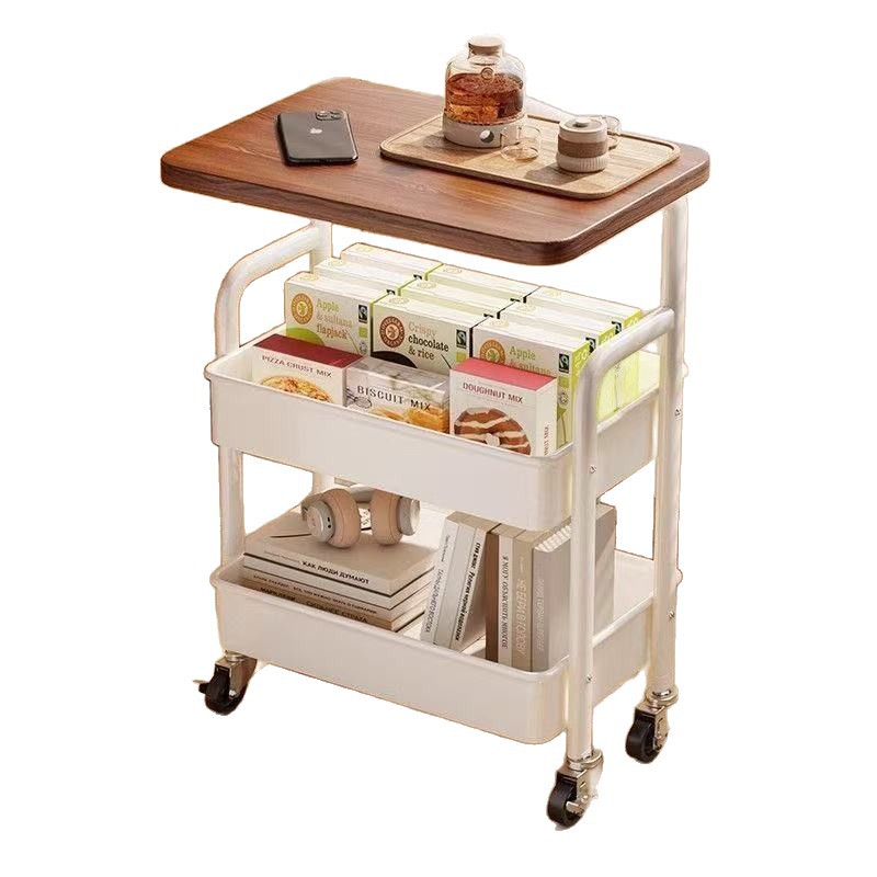 Mesa de té de doble capa móvil para uso doméstico simple carro pequeño estante de almacenamiento de artículos cocina dormitorio estante de almacenamiento de bocadillos