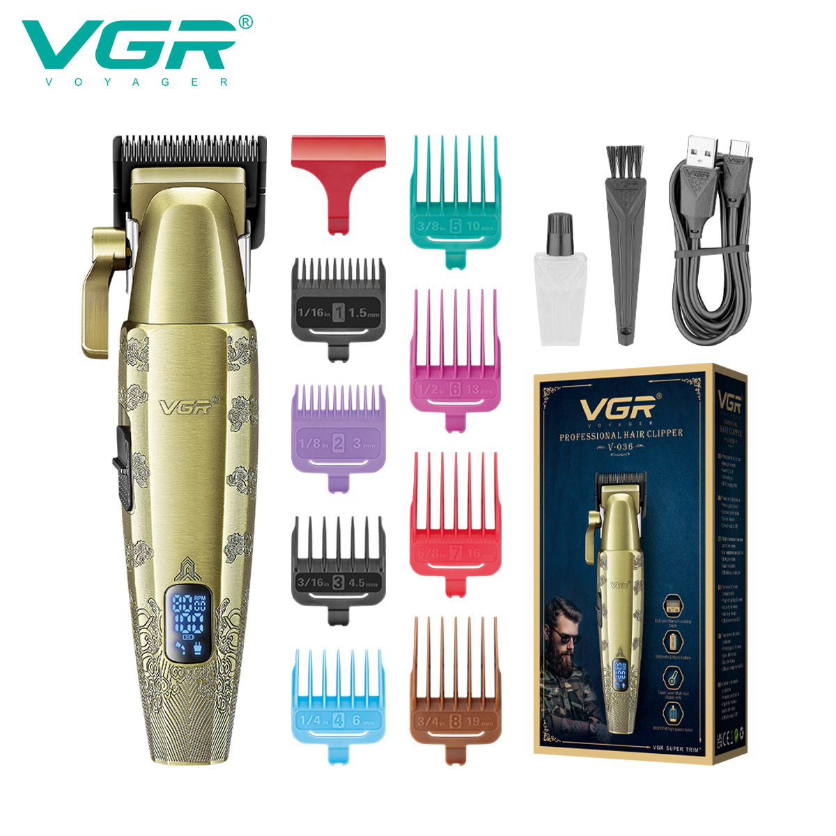 VGR036 Professional Metal Hair Clipper for Men Digital Display Electric Rechargeable Trimming Tool High Power Salon Quality_voghion.com
