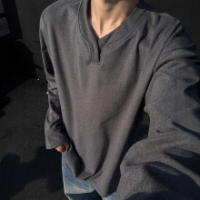 秋冬季德绒V领卫衣男保暖内搭打底衫长袖T恤上衣潮男痞帅潮流百搭