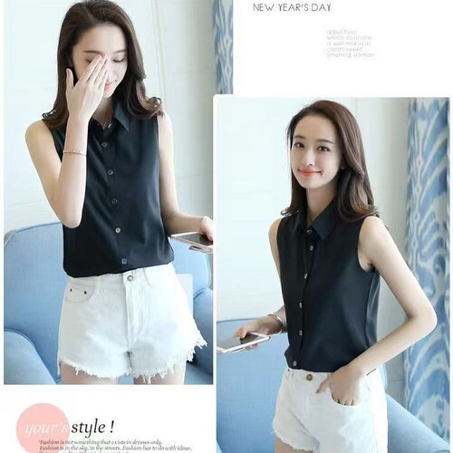 Women's Spring and Summer Sleeveless Fitted White Collared Blouse with Multifunctional False Collar, Simple and Elegant OL Versatile Base Shirt