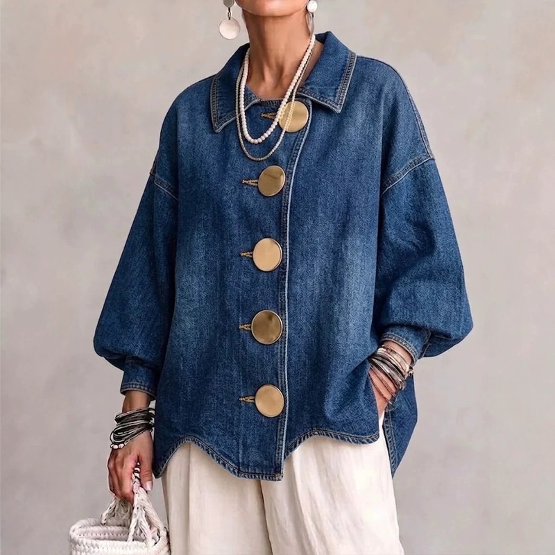 European and American style denim jacket, Amazon cross-border autumn/winter women's fashion, loose-fitting, long-sleeved jacket with a stand-up collar