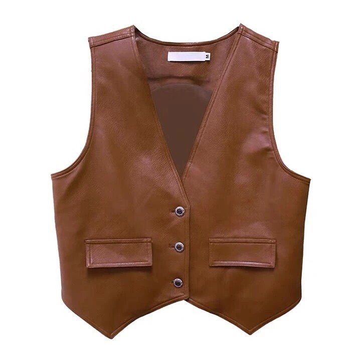 British style leather vest women's clothing Spring and Autumn New retro fashion PU leather vest short brown outer vest camel British style leather vest women's clothing Spring and Autumn New retro fashion PU leather vest short brown outer vest camel