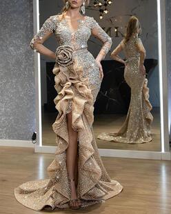 2020 new cross-border foreign trade women's clothing independent station ebay sexy gold long sleeve banquet dress trailing skirt New