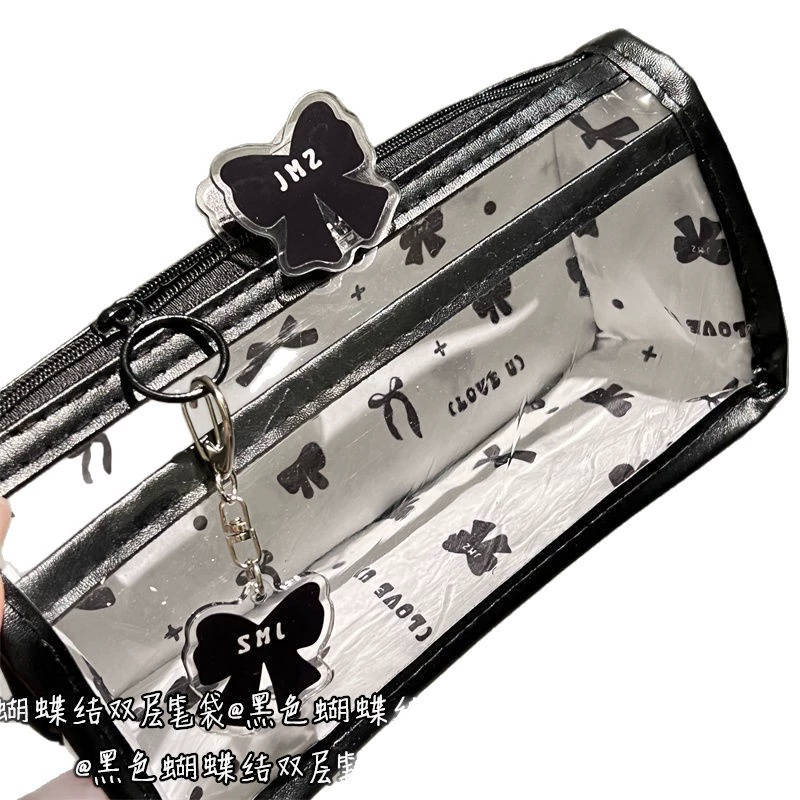 桔沐臻 Black double-layer high quality pencil case with bow, stationery for students