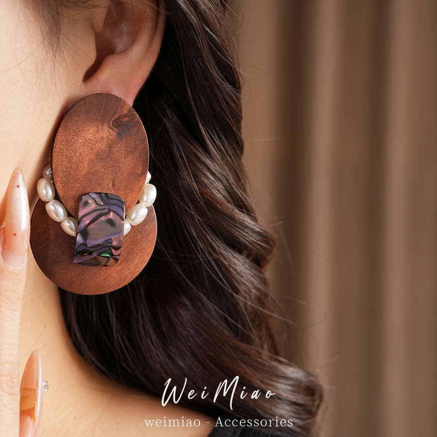 Aguja de plata resina de madera perla pendientes oval estilo simple pendientes ligero de lujo de alta calidad pendientes de nicho image 5