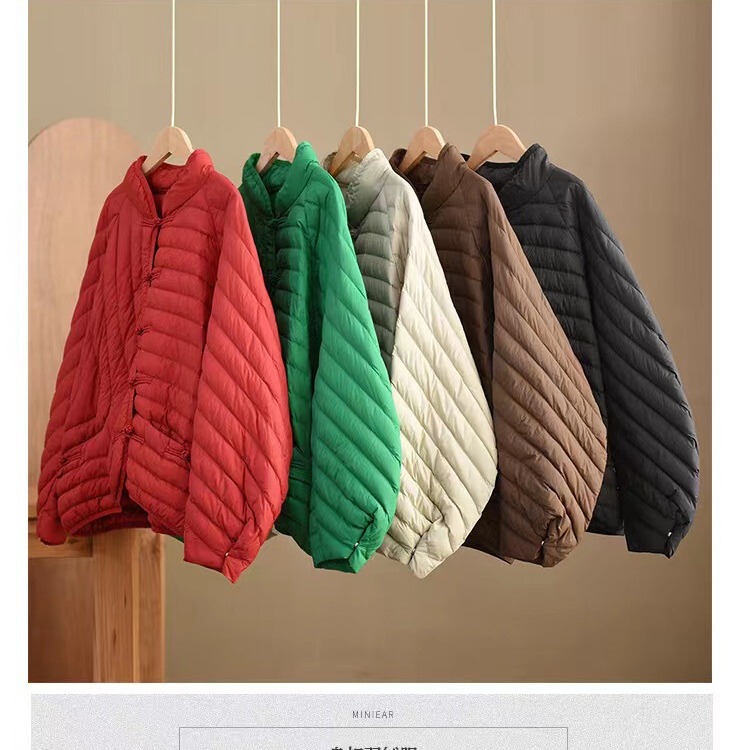 Cross-border Autumn and Winter New Retro Style Slant Placket Button Down Jacket Women's Lightweight Quilted White Duck Down Warm Jacket Fashionable