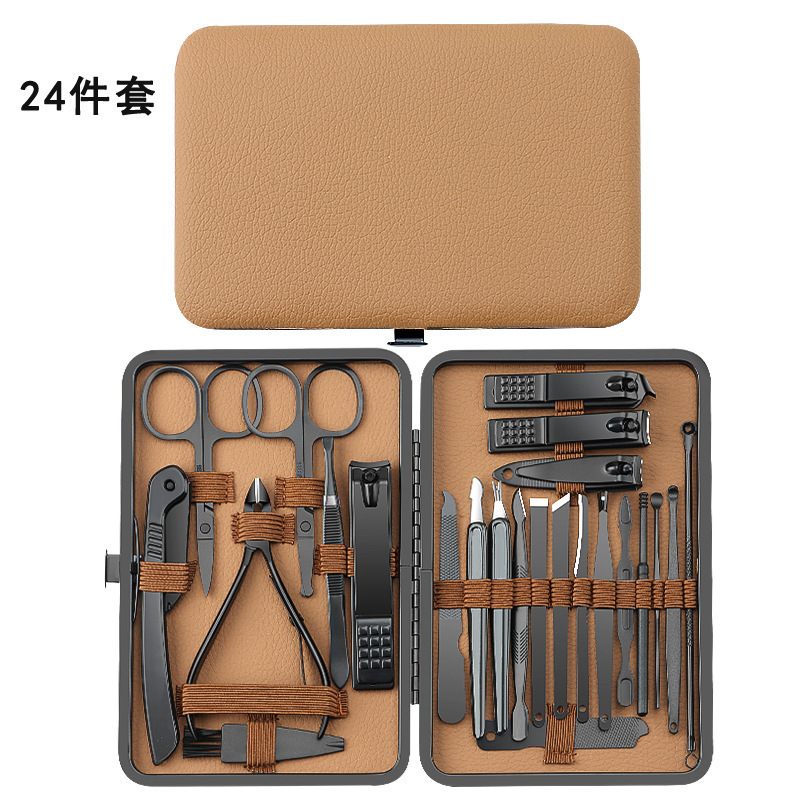 Nuevo juego de cortaúñas transfronterizo, bolso de cuero marrón de alta gama de 24 piezas, tijeras de uñas para el hogar, herramientas de pedicura y manicura