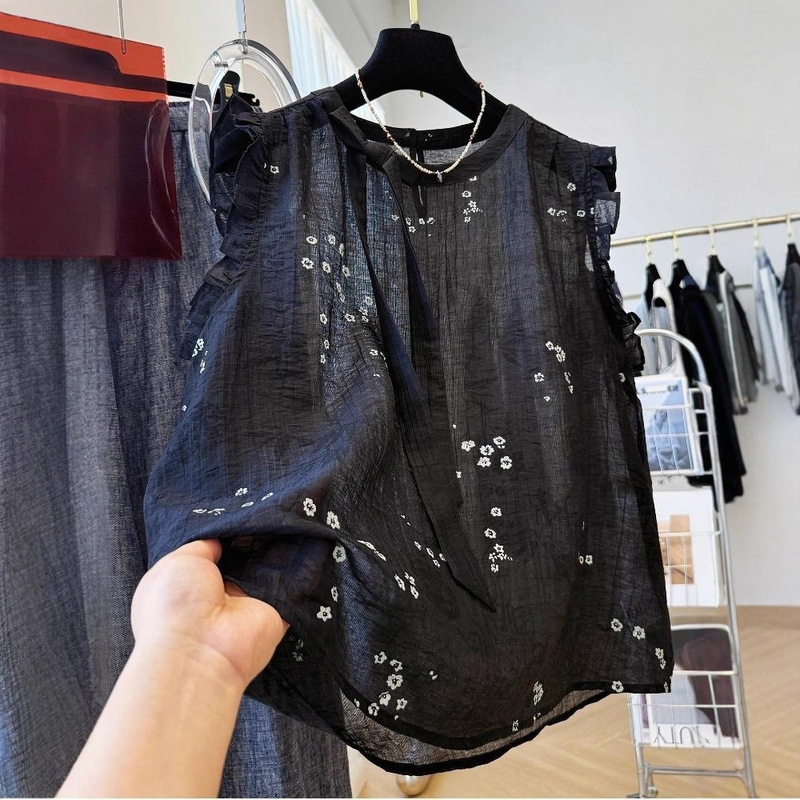 Korean Style Age-Reducing Retro Printed Ear-Hemmed Small Flying Sleeves Bow Outer Vest Vest for Women Summer Temperament Shirt