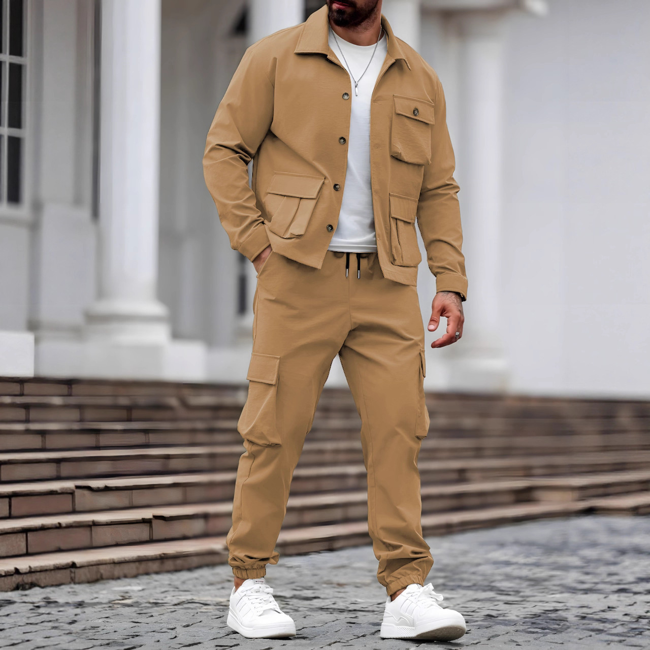 Monochromes Vintage Arbeitsjacken Set Für Herren Herbststil_voghion.com
