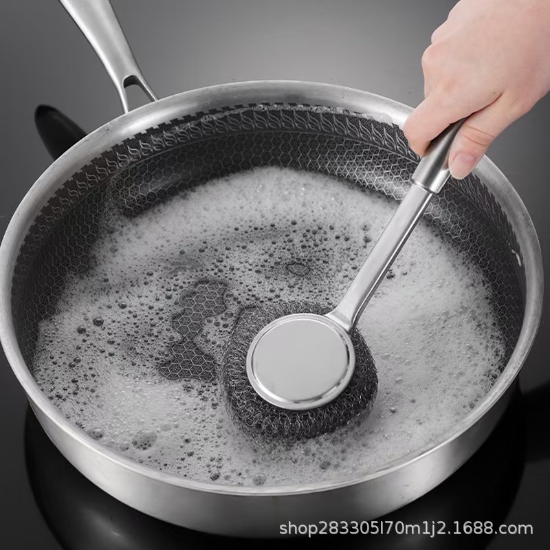 cepillo de olla de mango largo para el hogar no daña la olla, limpieza de la cocina y lavado de la olla con cepillo para la descontaminación, lavado de platos con cepillo de bola de acero, artefacto de la olla