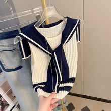 撞色拼接学院风海军领无袖针织背心女早秋新款气质减龄设计感上衣