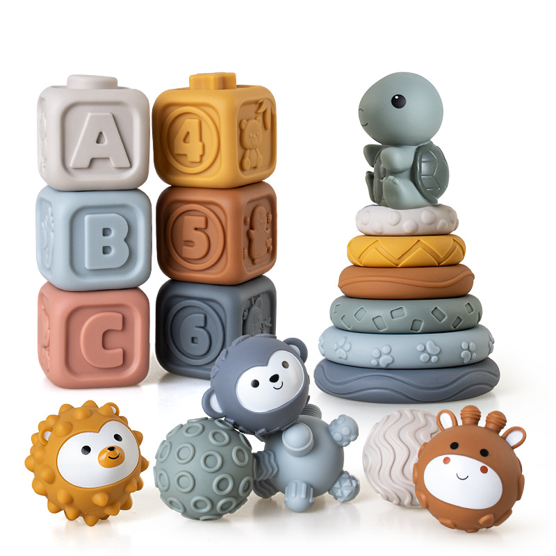 Juguetes transfronterizos de agarre de mano para bebés y niños pequeños, bloques de bloques de goma suave, círculos apilados, pellizcos para bebés, juguetes apilados de bolas image 15