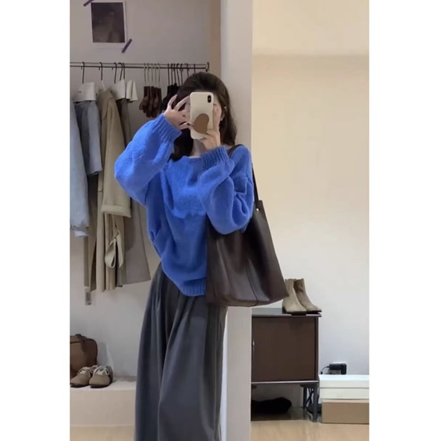 클라인 블루 모헤어 스웨터 여성 가을 겨울 한국 스타일 게으른 디자인 감각 느슨한 풀오버 어퍼 옷