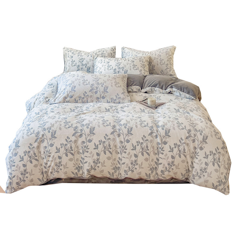 Invierno de leche de lana de cama de cuatro piezas, cubierta de lana de coral gruesa, cubierta de sábanas y franela de lana para una persona, tres piezas