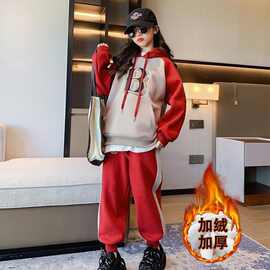 女童宝宝韩版套装中大童秋冬新款洋气字母连帽卫衣长裤拼色两件套