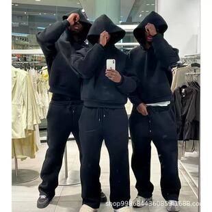New Trendy Cross-border Casual Loose suit Sweat Hooded Sweat Pants Solid Color Polyester suit