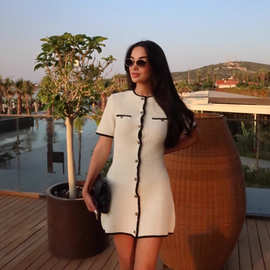 跨境外贸女装爆款针织短袖纽扣小香风短裙时尚修身欧美连衣裙女