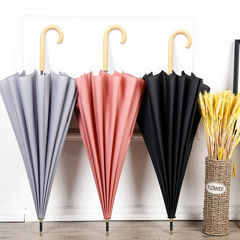 馬卡龍彩色半自動傘  加固抗風16骨木質彎鈎長柄直杆傘高爾夫雨傘