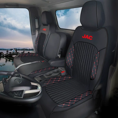 Junling E5H330 Truck Seat Cover: Modelə uyğun (Original) oturacaq örtükləri - leather-ice-silk-black-red-thread-a-set-of-driver-and-co-pilot