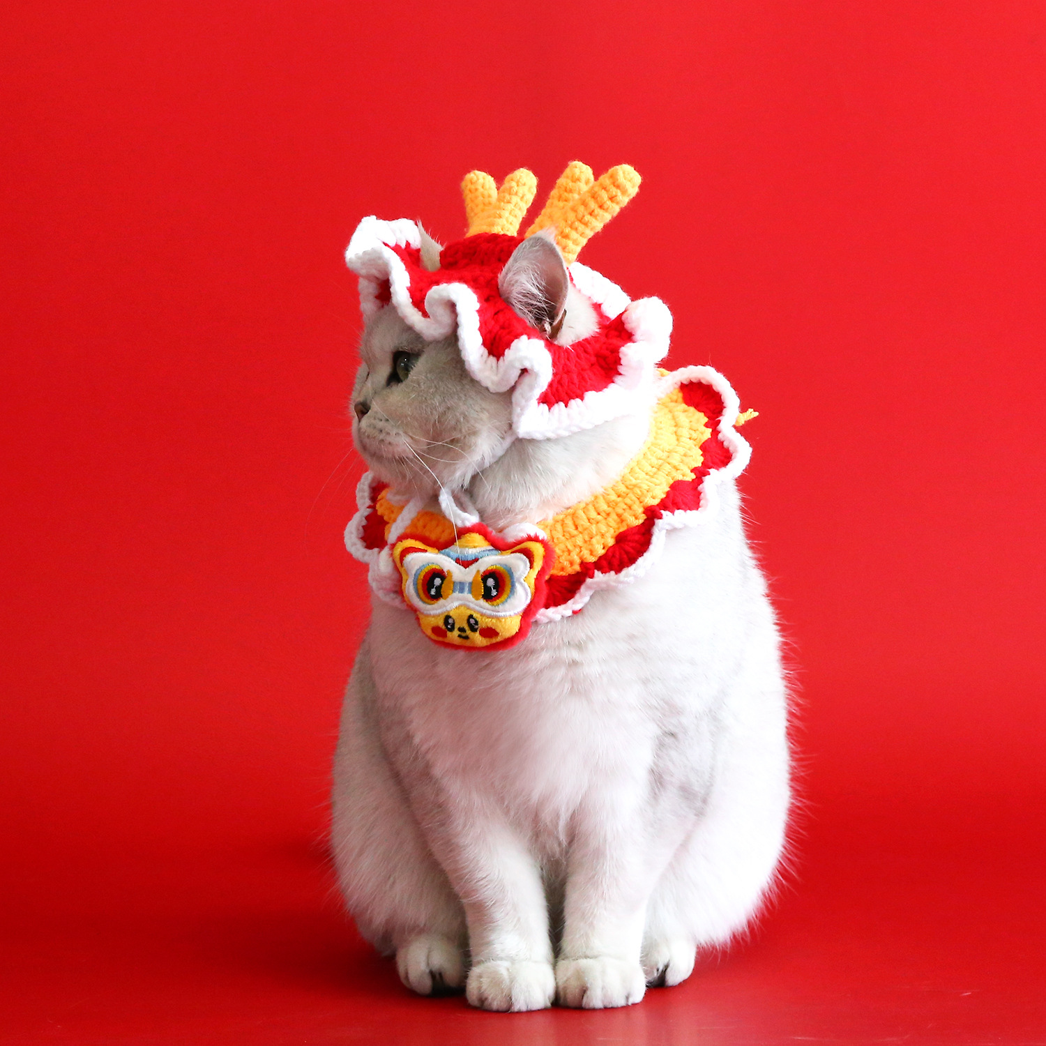 Año dragón gancho mano mascota sombrero de lana lindo Año Nuevo punto babero bordado Festival de Primavera sombrero gato cachorro perro Accesorios image 3