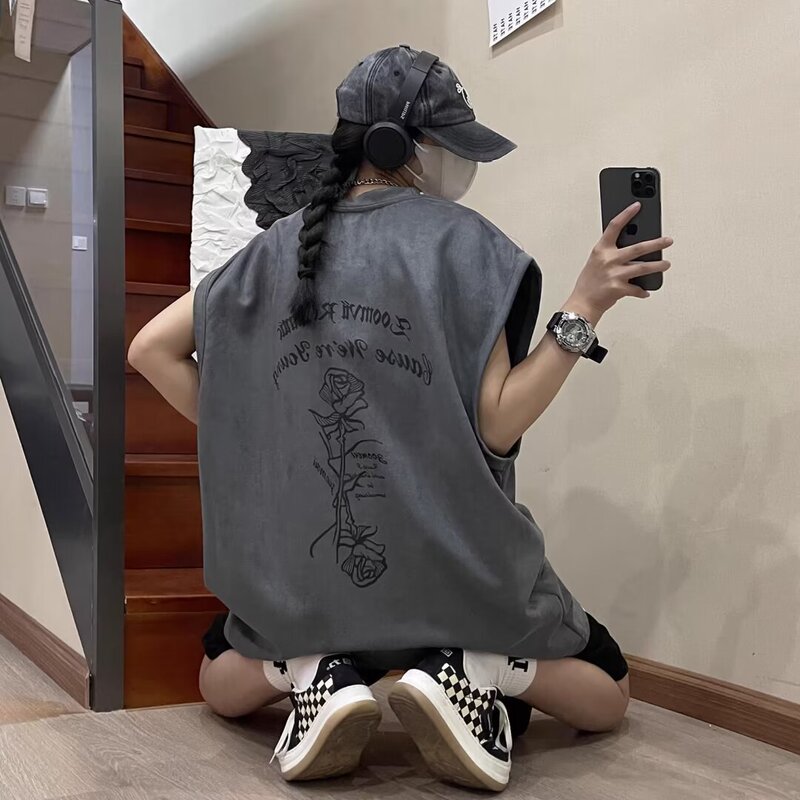 American-style Deerskin Fleece Printed Vest Men's and Women's Sports Loose Sleeveless T-shirt Summer Ins Fashion Brand Waistcoat Base T