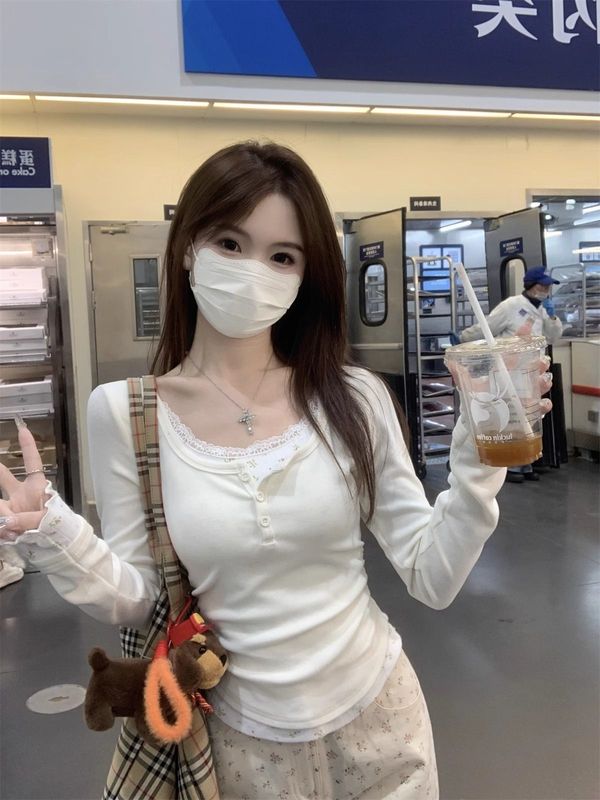 辣妹纯欲风碎花拼接长袖T恤女春秋修身显瘦短款设计感假两件上衣|undefined