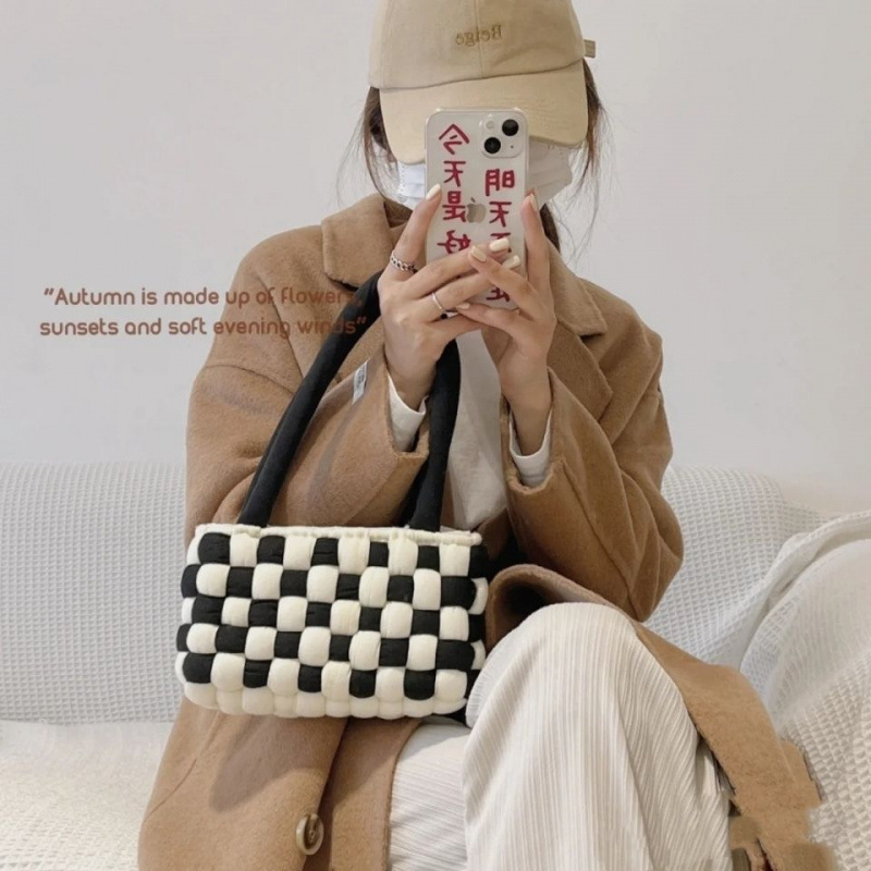 超粗冰岛线网格包包小胖子黑白棋盘格手提包包手工diy材料包