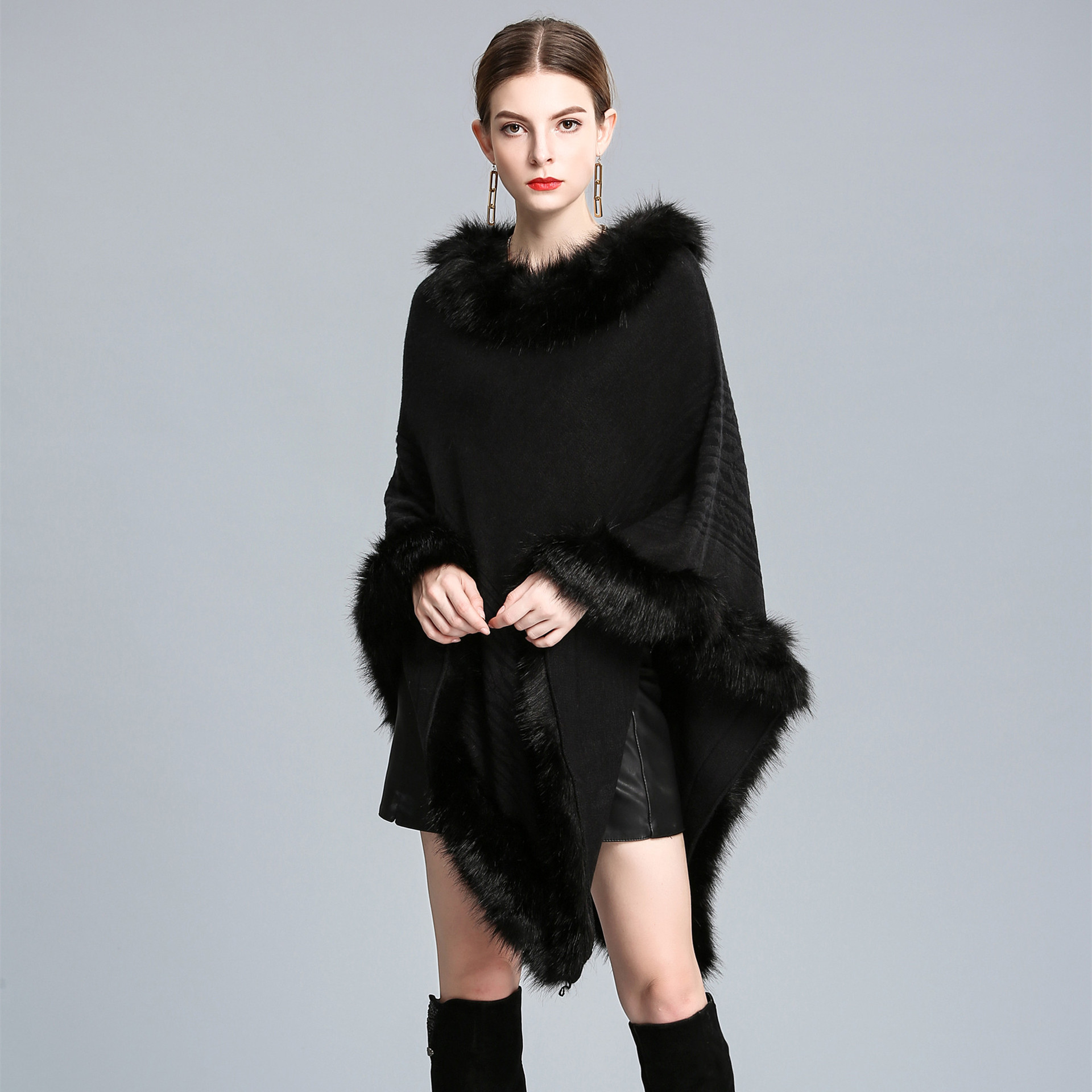 Fur collar cape cape round neck pullover sweater large size loose coat_voghion.com