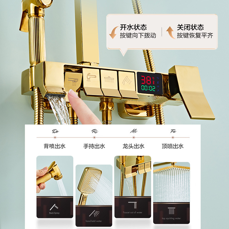Plata brillante todo cobre temperatura constante ducha conjunto de botón de piano doméstico elevable boquilla de ducha presurizada