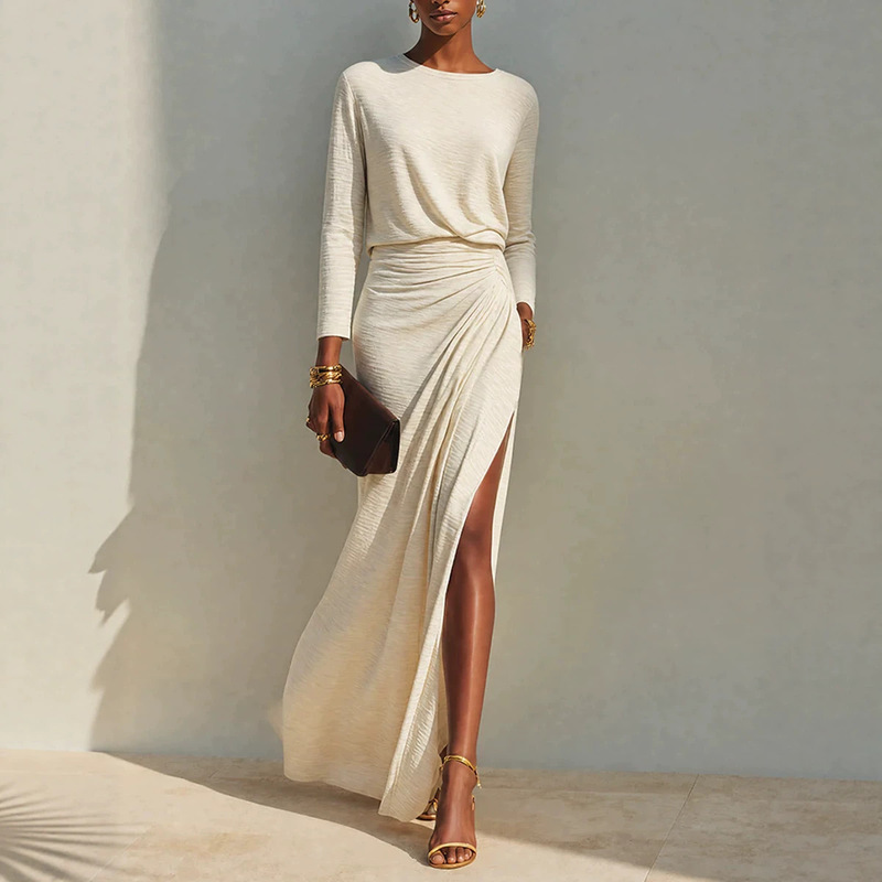 2026 European and American cross-border autumn elegant long dress with long sleeves, twisted waist, pleated side slit, party evening gown 2026 European and American cross-border autumn elegant long dress with long sleeves, twisted waist, pleated side slit, party evening gown