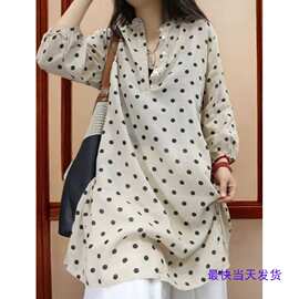 文艺复古波点连衣裙女新款夏季棉麻衬衫裙中长款旅行裙子